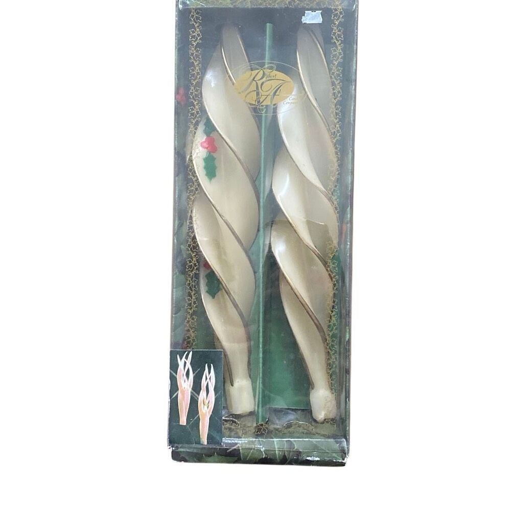 Vintage 12” Robert Alan Feather Spiral Taper Candles Cream Gold Never Burned NOS